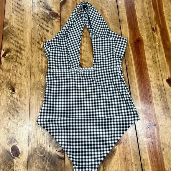 Old Navy black white gingham plunge neck, cross back,1 piece swim suit - Picture 5 of 5